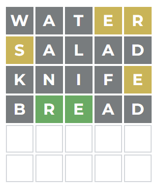 Foodle color hints showing correct and incorrect letter positions